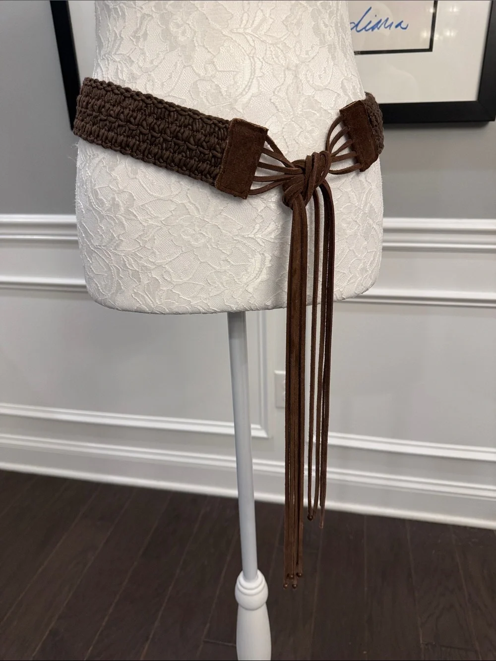 Vintage Boho Brown Genuine Leather Woven Cinch Belt with Suede Tassel Ties